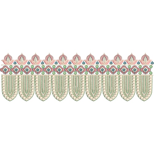 Elegant Multicolor Lace Embroidery Border Design with Geometric Band and Hanging Scalloped Details