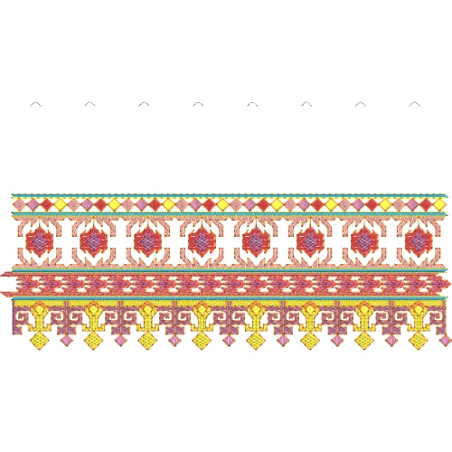 Vibrant Geometric Lace Embroidery Border Design with Ornamental Bands and Hanging Details