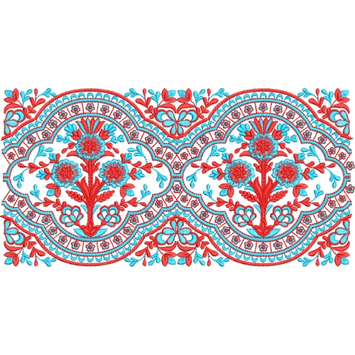 Vibrant Floral Lace Embroidery Border Design with Ornamental Frames and Symmetrical Motifs