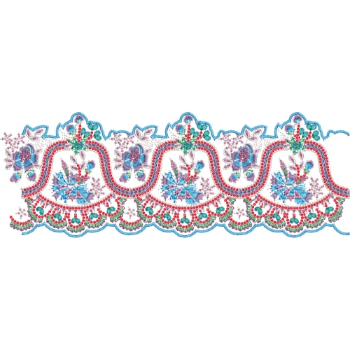 Elegant Multicolor Floral Lace Embroidery Border Design with Scalloped Waves and Beaded Detailing