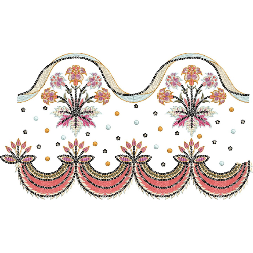 Ornate Scalloped Lace Embroidery with Floral Spray and Layered Border Detailing