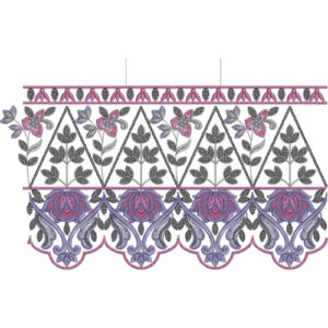 Elegant Scalloped Lace Embroidery with Floral Motifs and Geometric Framework