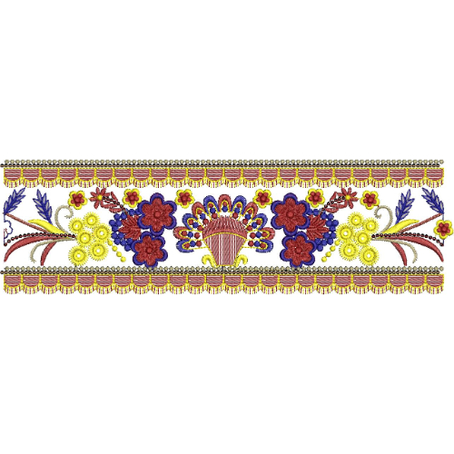 Decorative Floral Fan Lace Embroidery with Beaded Borders and Ornamental Detailing