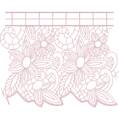 Delicate Outline Floral Lace Embroidery with Scalloped Edge and Grid Border