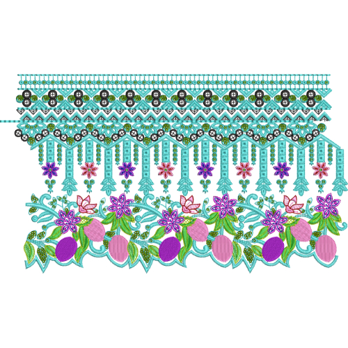 Vibrant Floral Lace Embroidery with Beaded Fringe and Ornamental Border Layers