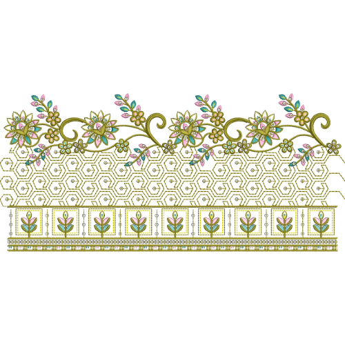 Floral Vine Lace Embroidery with Geometric Honeycomb Base and Ornamental Border