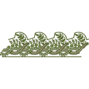 Elegant Leafy Lace Embroidery with Curved Vine and Scalloped Border Design