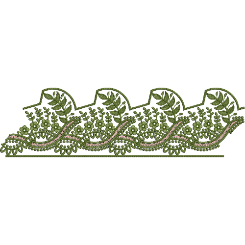 Elegant Leafy Lace Embroidery with Curved Vine and Scalloped Border Design