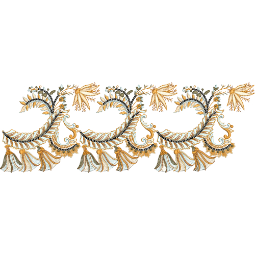Ornamental Paisley Lace Embroidery with Tassel Fringe and Floral Vine Detailing