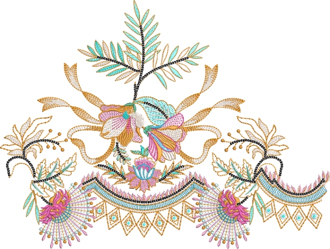 Intricate Multicolor Floral Lace Embroidery Design with Decorative Border and Leaf Motifs