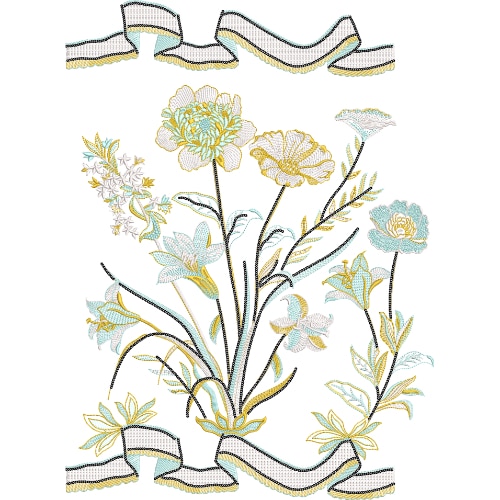 Delicate Floral Lace Embroidery Design with Ribbon Accents and Fine Line Detailing
