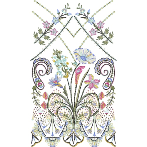 Elegant Symmetrical Floral Lace Embroidery Design with Ornamental Swirls and Fine Detailing