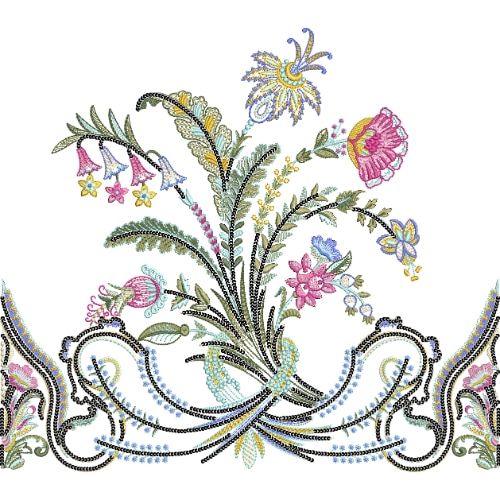 Artistic Multicolor Floral Lace Embroidery Design with Flowing Base and Decorative Swirls
