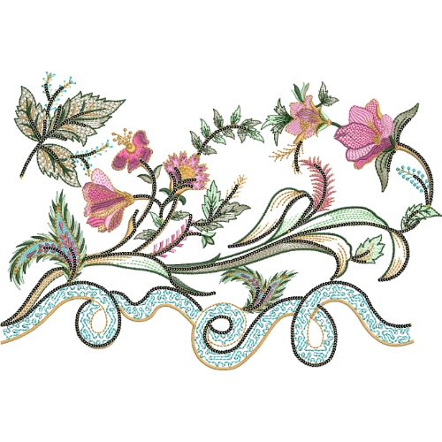 Elegant Floral Lace Embroidery Design with Flowing Vine and Decorative Base Border