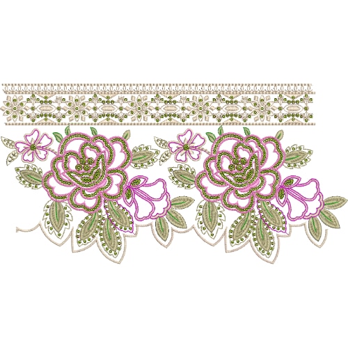 Elegant Floral Lace Embroidery Border Design with Layered Rose Motifs and Decorative Top Band
