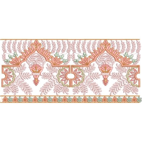 Elegant Pastel Floral Lace Embroidery Border Design with Leaf Detailing and Ornamental Motifs