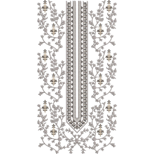Elegant Floral Long Neckline Embroidery Design with Ornamental Vinework and Geometric Borders