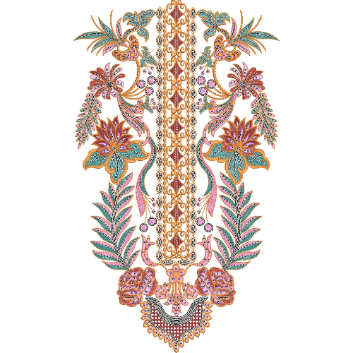 Elegant Floral Long Neckline Embroidery Design with Ornamental Vinework and Tropical Leaf Motifs