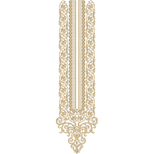 Elegant Ornamental Long Neckline Embroidery Design with Floral Scrollwork Borders