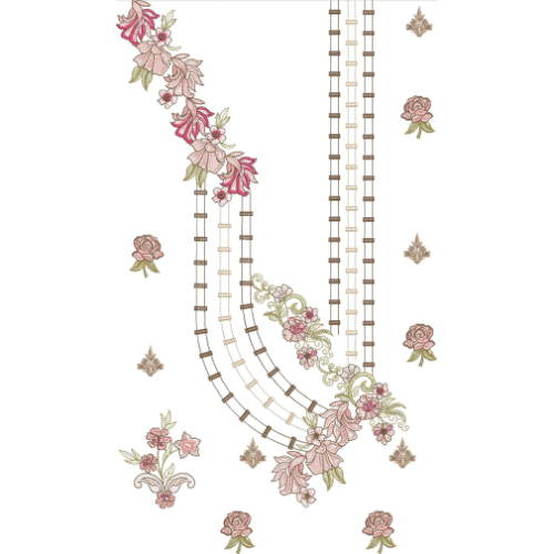 Elegant Floral U-Shaped Neckline Embroidery Design with Hanging Bead Strands and Rose Motifs