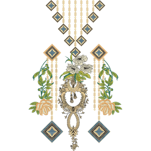 Elegant Floral Pendant Neckline Embroidery Design with Geometric Hanging Motifs
