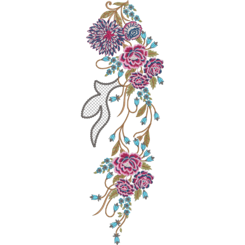 Elegant Floral Side Neckline Embroidery Design with Blooming Roses and Flowing Vinework
