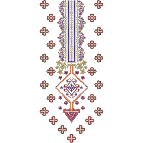 Traditional Geometric Neckline Embroidery Design with Ornamental Medallion and Scattered Floral Buti Motifs