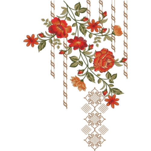 Elegant Floral Corner Embroidery Design with Hanging Rope Accents and Ornamental Geometric Motifs