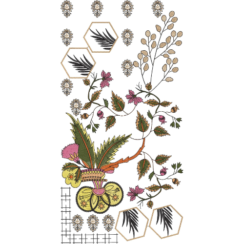 Artistic Botanical Corner Embroidery Design with Geometric Hexagon Motifs and Decorative Floral Elements