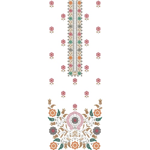Traditional Floral Neckline Embroidery Design with Ornamental Border and Scattered Buti Motifs