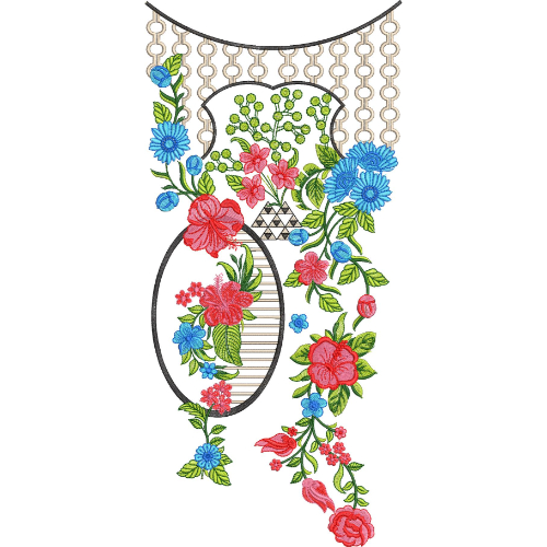 Luxury Floral Neckline Embroidery Design with Ornamental Chain Motifs and Decorative Botanical Vine Arrangement
