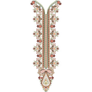 Luxury Floral V-Neck Embroidery Design with Decorative Blossom Vines and Ornamental Paisley Pendant