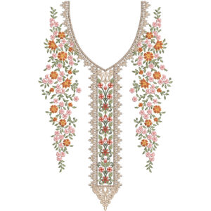 Luxury Floral V-Neck Embroidery Design with Ornamental Lace Borders and Cascading Blossom Vine Motifs