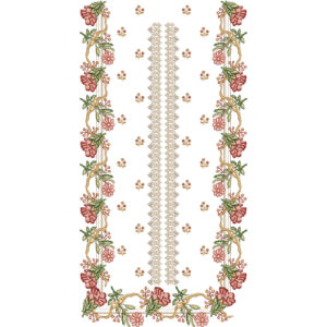 Luxury Floral Embroidery Panel Design with Ornamental Lace Placket and Decorative Rose Vine Borders