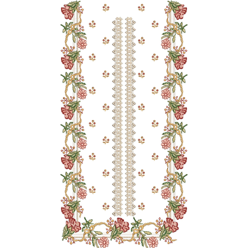 Luxury Floral Embroidery Panel Design with Ornamental Lace Placket and Decorative Rose Vine Borders