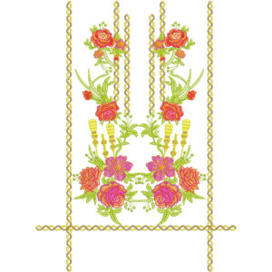 Luxury Floral Embroidery Panel Design with Decorative Chain Borders and Symmetrical Rose Bouquet Motifs