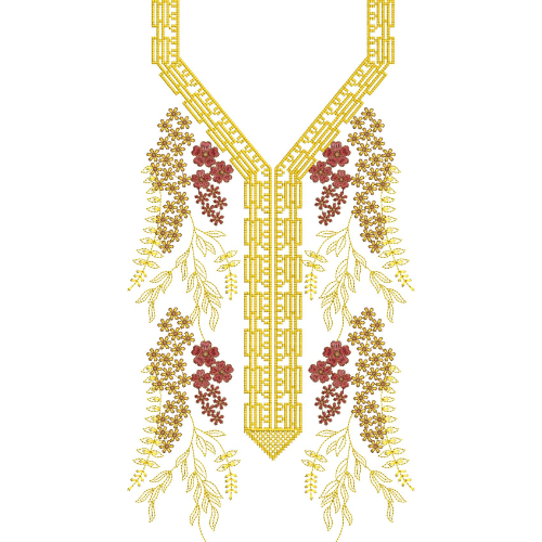 Elegant Floral V-Neck Embroidery Design with Cascading Botanical Motifs