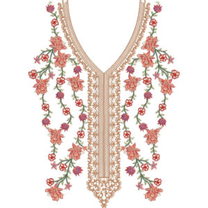 Luxury Floral V-Neck Embroidery Design with Ornamental Vine and Blossom Arrangement