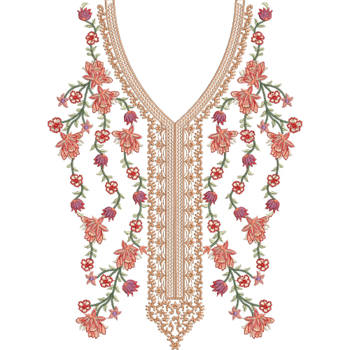 Luxury Floral V-Neck Embroidery Design with Ornamental Vine and Blossom Arrangement