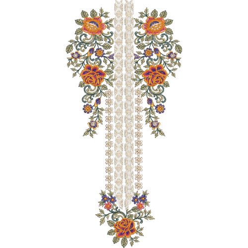 Royal Floral Neck Embroidery Design with Ornamental Scrollwork and Decorative Panel