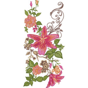 Elegant Lily and Rose Floral Embroidery Design with Ornamental Vine Scrollwork