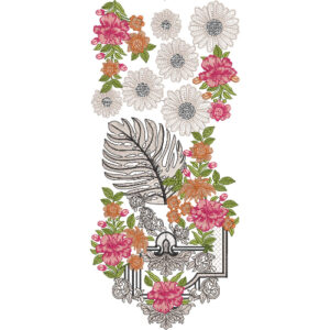 Elegant Floral Embroidery Design with Ornamental Frame and Tropical Leaf Accent
