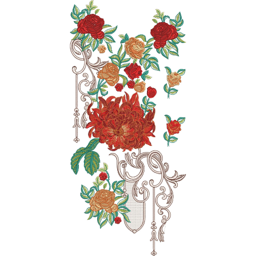 Luxury Rose Floral Embroidery Design with Ornamental Scrollwork and Botanical Arrangement