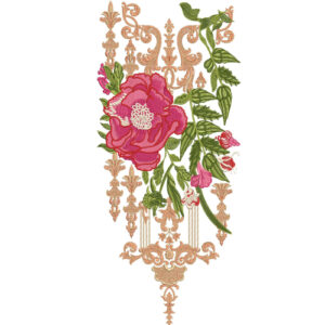 Royal Floral Embroidery Design with Ornamental Damask Frame and Blooming Rose Motif