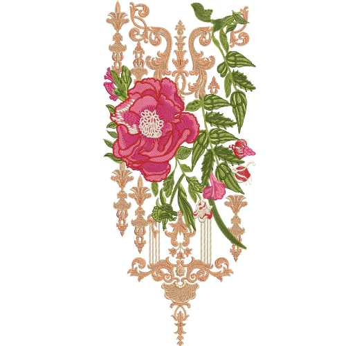 Royal Floral Embroidery Design with Ornamental Damask Frame and Blooming Rose Motif