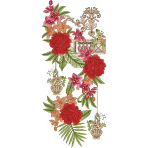 Vintage Floral Embroidery Design with Ornamental Garden Elements and Rose Arrangement