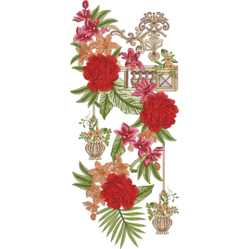 Vintage Floral Embroidery Design with Ornamental Garden Elements and Rose Arrangement