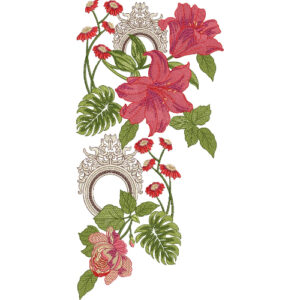 Elegant Lily Floral Embroidery Design with Ornamental Frame and Tropical Leaf Accents