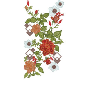 Modern Floral Embroidery Design with Geometric Accents and Rose Blossom Arrangement
