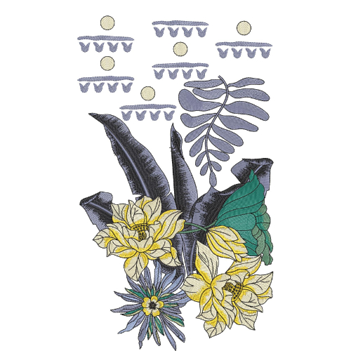 Tropical Floral Embroidery Design with Botanical Leaves and Modern Decorative Accents